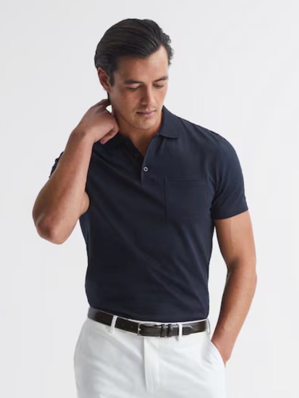 Reiss Men's Dark Navy Short-Sleeve Polo with Chest Pocket